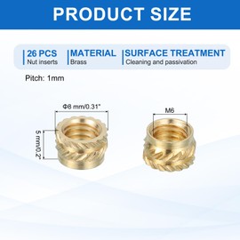 sourcing map 26 Pcs Threaded Inserts, M6 Brass Heat Set Insert for 3D Printing and Plastic Material Female Knurled Insert Nuts for Laptops Electronic Products, M6x8x5mm