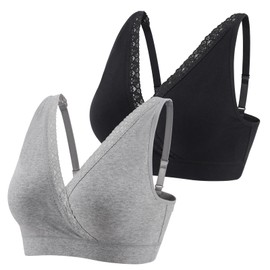 HIHOSSI Cotton Adjustable Lace Nursing Bra - Pregnancy Nursing Bra for Day Comfort & Night's Sleep, Black+Grey/2 Pack, XXL