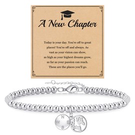 JSJOY Silver Beaded Bracelets for Women Trendy Graduation Bracelet Compass Map Nursing Graduation Gifts for Her Non Tarnish Jewelry
