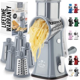 Zulay Kitchen Rotary Cheese Grater 5 Blade Cheese Shredder - Manual Hand Crank Cheese Grater With Reinforced Suction & 5 Interchangeable Drums - Easy to Use, Vegetable Chopper Round Mandoline Slicer