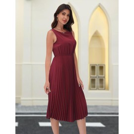 DRESSTELLS Women's Cocktail Dresses 2025, Midi Pleated Dress for Formal Wedding Guest Mother Bride Church Casual Business Office Work Burgundy L