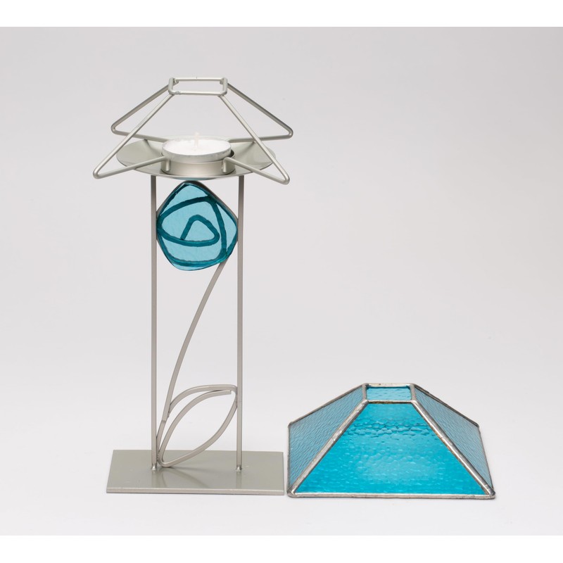 Modern Teal Blue Glass & Metal Tea Light Candle Holder,