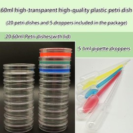Petri Dish with lid, 60mm Diameter x 8mm Depth Petri Dish, Suitable for School Experimental Projects, Laboratory Supplies, Theme Parties, etc. Highly Transparent Plastic Petri Dishes, 20 Pieces