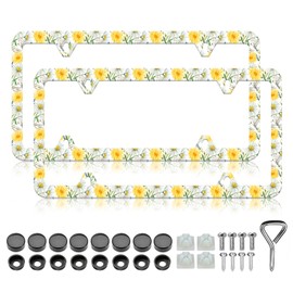 Daisy Flower License Plate Frame - 2 PCS Beautiful Floral Flowers License Plate Frames Holder, Rust-Proof Waterproof Car Decorative Tag Frames for Standard Us 12x6 Inch