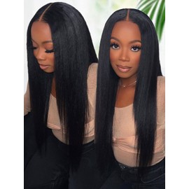 Sunber Yaki Straight Human Hair Bye Bye Knots Pre Cut Lace 7x5 Lace Front Glueless Wig Put On Go Light Yaki Straight Wigs Pre Bleached Invisible Knots 150% Density with Baby Hair 16Inch for Beginner