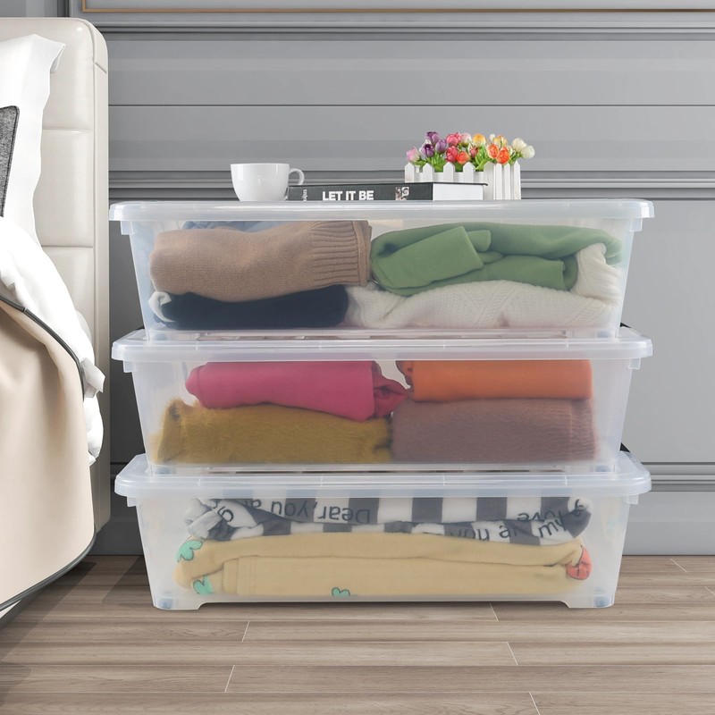 Fiazony 50 L Large Plastic Storage Underbed Container, 3-Pack Clear