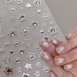 Star Nail Art Stickers Decals Silvery Star Nail Design Stickers with Rhinestone Design Silvery Self Adhesive Nail Decals for Women DIY Manicure Decoration Supplies 1 Sheet