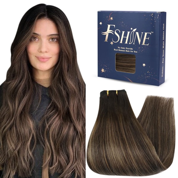 Fshine Sew in Weft Real Hair Extensions 45 cm/18 Inch 100 g Colour 2 Dark Brown up to 8 Ash Brown Remy Hair Extensions Real Hair Balayage Weft in Extensions Real Hair 100% Human Hair