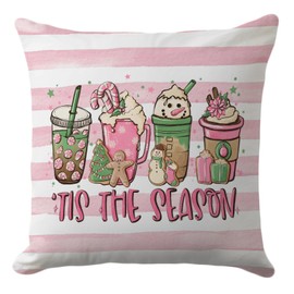 Christmas Pillow Cover 18x18 Inch - 'Tis The Season' Holiday Drink and Gingerbread Design - Festive Decorative Cushion Cover for Sofa, Bedroom, or Living Room, Holiday Decor(Pink)