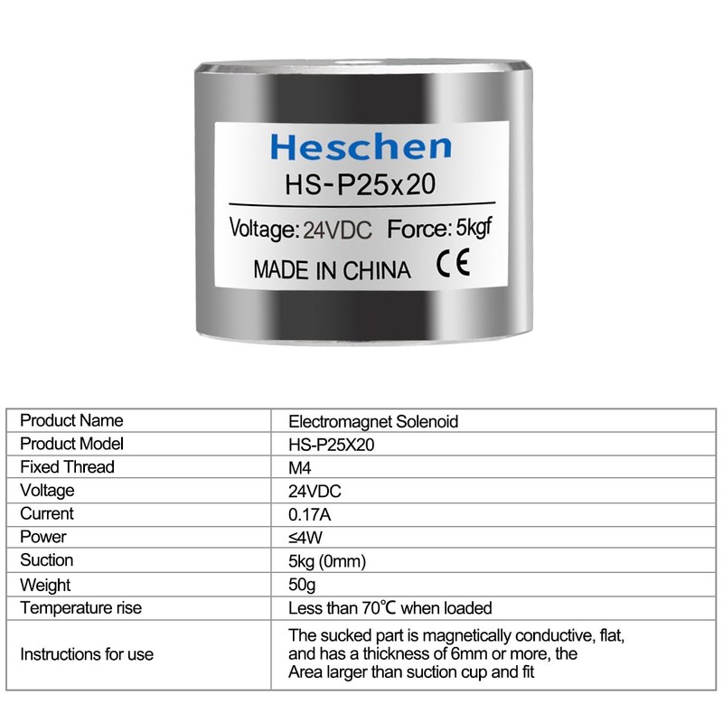 Heschen Electromagnet Solenoid Round Silver P25/20 DC 24V 5kgf