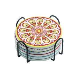 Coasters for Drinks Set of 6, Mandala Style Ceramic Absorbent Drink Coasters with Holder for Tabletop Protection,Coffee Table Decoration,4 Inch