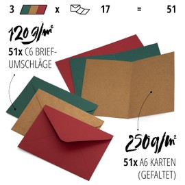 Japun - Set of 51 blank folding cards with envelopes, folding cards for designing, labelling or printing - DIN A6 / C6 - brown red green