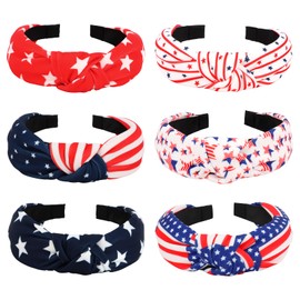 Amariver 6 Pcs Patriotic Knotted Headbands, American Flag Star Striped Hair Bands, Non-Slip 4th of July Headbands for Women, Red White Blue Holiday Accessories