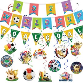 AhfuLife World Cup Soccer 2026 Decorations Kit - 3Pcs Soccer Pennant Banner & 14Pcs Hanging Swirls for World Cup Party Decor, Pre-Assembled Soccer Party Supplies for Home, Ceiling, Bar, Indoor Events