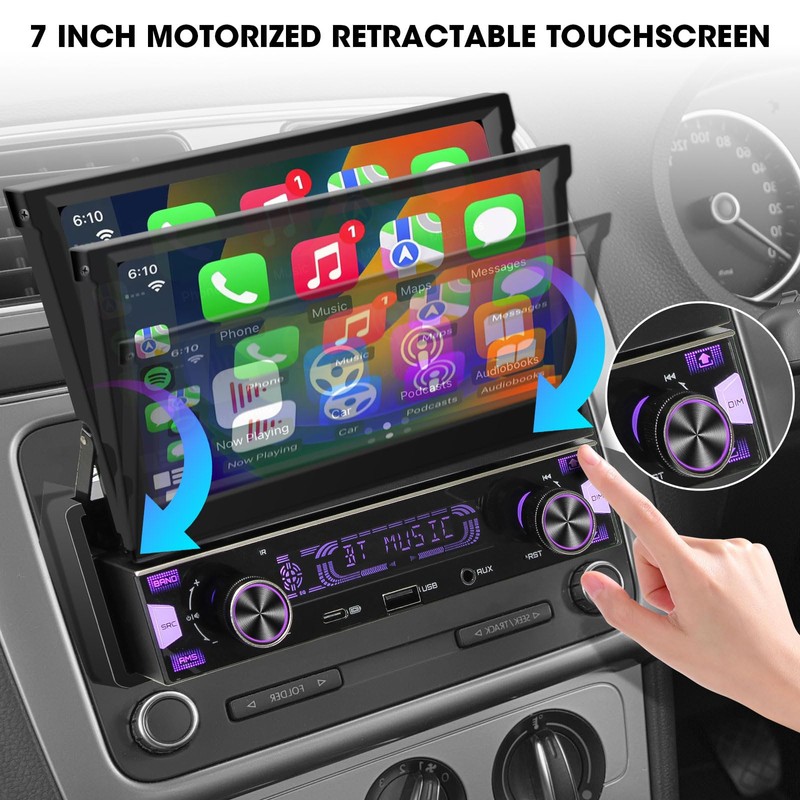 Single Din Wireless CarPlay Stereo: 7 Inch Motorized Flip Out