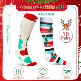 Suhine 10 Pairs Christmas Compression Socks Christmas Long Knee High Socks Christmas Long Socks Holiday Socks for Women Men (Lovely Style)