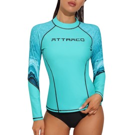 ATTRACO Womens Rash Guard Long Sleeve Sun Protection Rashguard Uv Wetsuit Shirts Aqua L