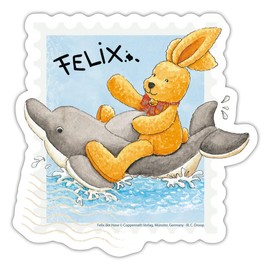 Spreadshirt Felix the Hare Riding On Dolphin Stamp Sticker, 10 x 10 cm, Matt White