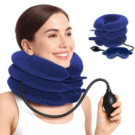 LuxoCare Adjustable Cervical Traction Device - Neck Support Pillow with Eye Mask, Neck Brace Neck Pain and Support, Travel Pillow for Camping, Car, Office(Blue)