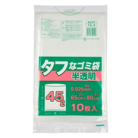 Nippon Giken TA-9 Tough Trash Bags, Translucent, 11.7 gal (45 L), Pack of 10, 2 Types of Materials, Strong and Tear Resistant, Durable, Thickness 0.00 x Width 25.6 x Height 31.5 inches (0.025 x 650 x