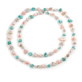 Avalaya Pastel Pink/Teal/Off White Shell Nugget and Transparent Glass Bead Long Necklace - 115cm Long
