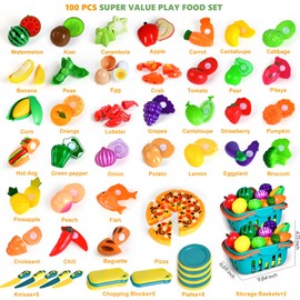 100 Pcs Play Food Set for Kids Kitchen, Pretend Food Toy for Toddlers Age 1-3, Plastics Cutting Fake Food/ Fruit/ Vegetable Accessories with 2 Baskets, Birthday Gifts for 2 3 4 5 Years Old Boys Girls