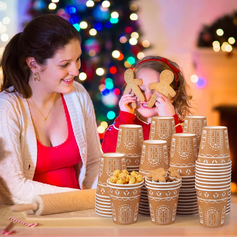 100 Pcs Christmas Gingerbread Paper Cups, 10 oz