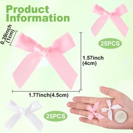 Pndeyo 50pcs Mini Wrap Bows, Self-Adhesive Small Satin Ribbon Crafts Bow for Wrapping, Premade Tiny Bowknot for Christmas Wedding Birthday Party Decoration- Pink & White