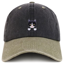 Trendy Apparel Shop Tuxedo Cat Kitten Patch Pigment Dyed Washed Baseball Cap, Black Khaki, One Size