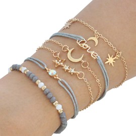 Pulseras para Mujer QWONEKOU,Pulsera de Mujer de Pulseras Estrella y Luna,Elegancia Moderno Sencillo Pulsera Diamantes Incrustados,Regalo de Recuerdo Clásico – Joyería de Moda,Ajustable（6 set）,30018