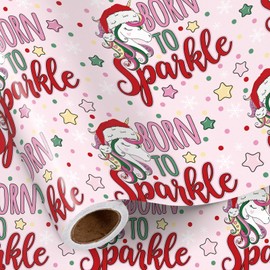 RUSPEPA Christmas Unicorn Wrapping Paper Roll Girls, Mini Roll, Santa Unicorn, Stars, Dots and Born to Sparkle Text Design, Pink Gift Wrap for Kids Holiday Gifts, Birthday, 17 Inches x 16.4 Feet