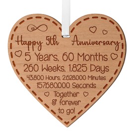 Happy 5th Anniversary Gift for Couples 5th Wedding Anniversary Gifts for Him Her Wedding Present for Husband 5 Years Celebration Keepsake Wooden Heart Plaque for Wife Spouse Partner