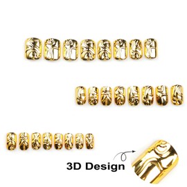 DOCVOEOMH 3D Gold Press on Nails Short Square Round Handmade Fake Nails with Gold Design Full Cover Glue ons Artificial False Stick on Acrylic Nail for Women Daily Wear 24PCS
