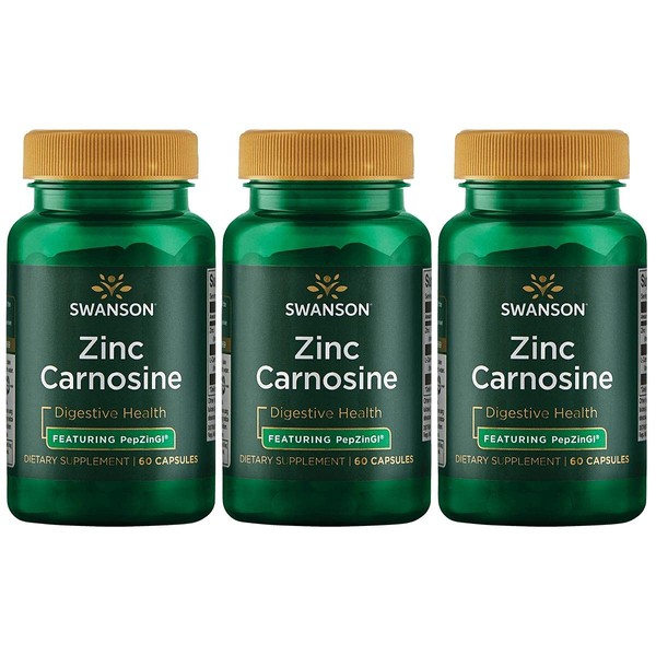 Swanson Zinc Carnosine (PepZin GI) - Natural Supplement Promoting Gastric Health & Digestive Support - Supports Microbial Balance in The Stomach - (60 Capsules) 3 Pack