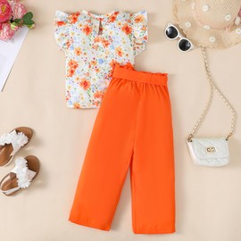 Valseclub Kids Girl Clothes Floral Print Ruffle Sleeveless Tank and Wild Leg Pant 2 Piece Outfit Set 2-8 Years