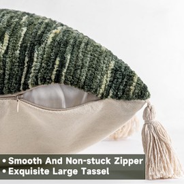 AmHoo Boho Throw Pillow Cover Decorative Bohemian Woven Tufted Striped Farmhouse with Tassels Textured Cushion Case Pillowcase Neutral for Sofa Couch Bed 18 x 18-Inch Sage Green
