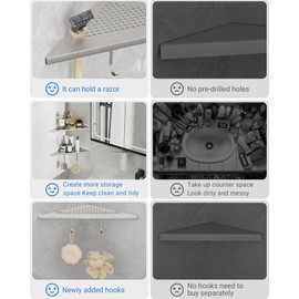 AJOBEND Corner Shower Shelves with Razor Slot & 2 Hooks, 10" Stainless Steel Recessed Triangle Shelf Racks for Bathroom, Grout in Shelf for Tiled Wall, 2 Pack (Holds 15lbs)