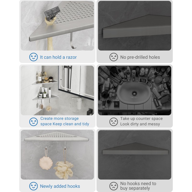AJOBEND Corner Shower Shelves with Razor Slot & 2 Hooks,