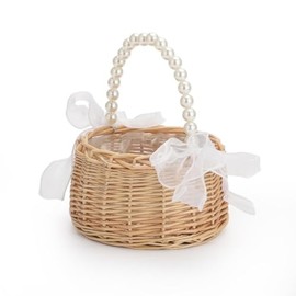 Flower Girl Basket - Woven Rattan Wedding Basket with Pearl Handle & Lace Bow, Rustic Elegant Flower Holder for Wedding Party, Garden Decor, Home Decoration
