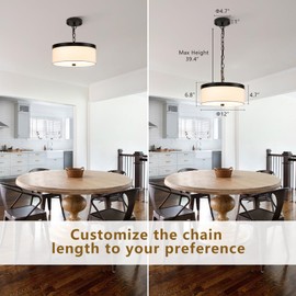 12'' Modern Drum Chandeliers, 3-Lights Modern Fabric Chandelier for Dining Room, Height Adjustable Black Pendant Light, Round Pendant Light Fixtures for Bedroom Living Room Kitchen Island Foyer