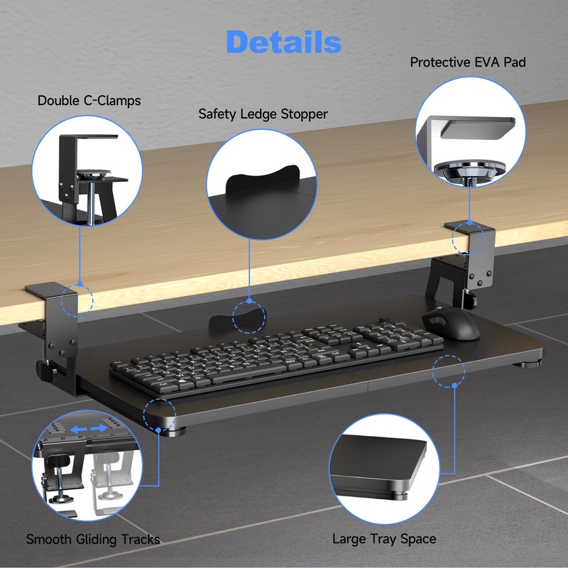 XINLEI Keyboard Tray Under Desk Large C-Clamp 25.6” (30” Including
