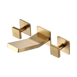 Brushed Gold Vessel Sink Faucet 2 Handles Basin Mixer Tap Rough in Valve Included, 3 Holes Bathroom Faucet Wall MountColor: Gold, Surface Finishing: Brushed Gold