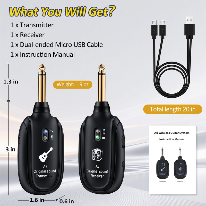 A8 Wireless Guitar Transmitter Receiver System, 2.4GHz Rechargeable, 24-bit/48KHz Audio,