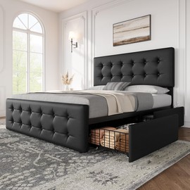 GAOMON Full Size Bed Frame with 4 Storage Drawers and Headboard, Faux Leather Upholstered Platform Bed Frame with Wooden Slats Support, Button Tufted Design, No Box Spring Needed, Black