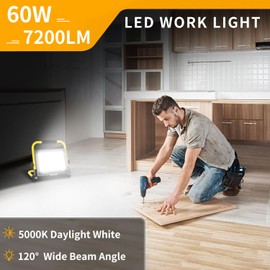 60W LED Work Light, 7200 LM Outdoor Flood Light with 16ft Cord & Switch, IP66 Waterproof Portable Job Site Light with Stand, 5000K Dayight Worklight for Construction Site Garage Workshop Car Repairing