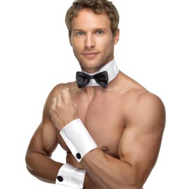 Collar Bow Tie & Cuff Set | Funny Waiter Outfit | Chippendale Costume | Skimpy Tuxedo Costume | Bow Tie and Cuff Set | White/Black | One Size