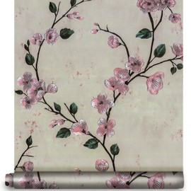 YIFU LIFE Peel and Stick Floral Wallpaper 17.7" x 9.8ft Grey Pink Flower Tree Contact Paper Removable Self Adhesive Furniture Decor Paper Vinyl Decorative Film for Drawer Shelf Liner Home Decor