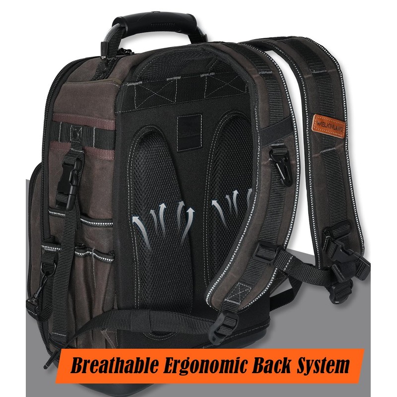 WELKINLAND 36-Pockets Electrician Backpack, Hard-Based HVAC Backpacks, Waxed-Canvas Technician Backpack,