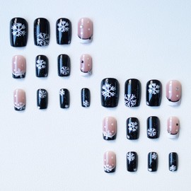 Christmas Snowflake Press on Nails Black White French Tip Rhinestones False Nails Medium Square Xmas Glue on Nails Winter Full Cover Acrylic Nails for Women Girls