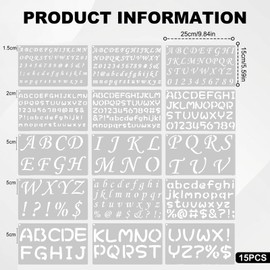 15 Pack Reusable Letter & Number Stencils, Alphabet Calligraphy Templates for Painting, Drawing, Scrapbooking, Journals and Craft Projects